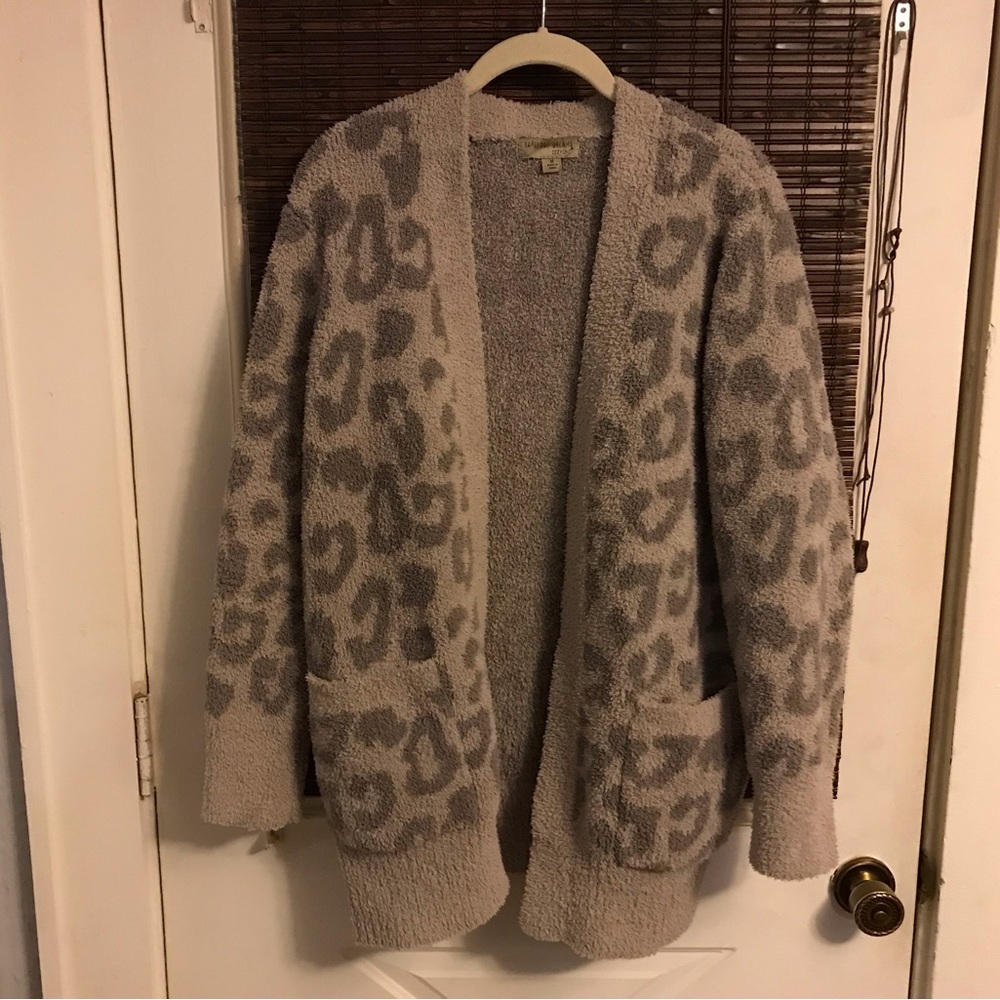 Barefoot Dreams Cozy Chic Leopard Cardigan Sweater Linen Warm Gray M